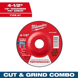 4-1/2" x 1/8" x 7/8" Performance+ Dual Metal Cut & Grind Wheel - Type 27 for cutting and grinding metal and stainless steel.