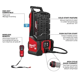 Milwaukee wearable machine with features: One-Key compatibility, wireless remote, cold start, push-button start, quick connect, and 1.75"