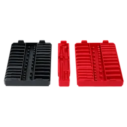 The image shows three plastic organizers, two black and one red, for the 98pc 3/8" 6-Point and 12-Point Metric & SAE Ratchet & Socket Set with PACKOUT™ Low Profile Organizer. The organizers have designated slots for holding various socket sizes and tools.