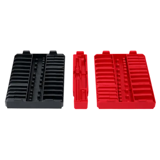 The image shows three plastic organizers, two black and one red, for the 98pc 3/8" 6-Point and 12-Point Metric & SAE Ratchet & Socket Set with PACKOUT™ Low Profile Organizer. The organizers have designated slots for holding various socket sizes and tools.