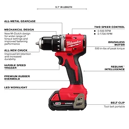 Red and black M18 Compact Brushless 1/2" Drill/Driver with various labeled features including all-metal gearcase, two-speed control, and LED work light.