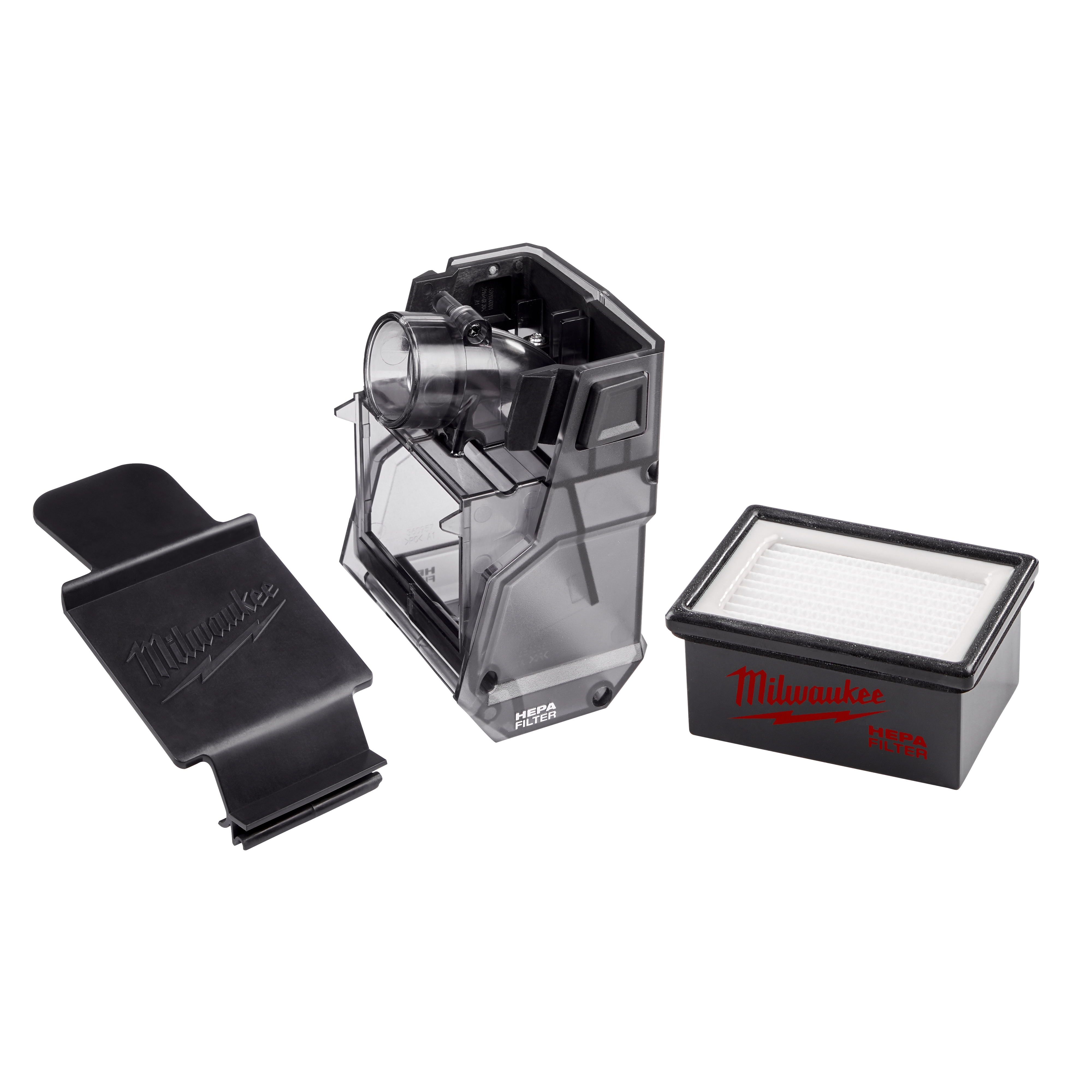 M18 FUEL HAMMERVAC Dedicated Dust Extractor components: clear dust box, black lid, and white filter with red Milwaukee logo.