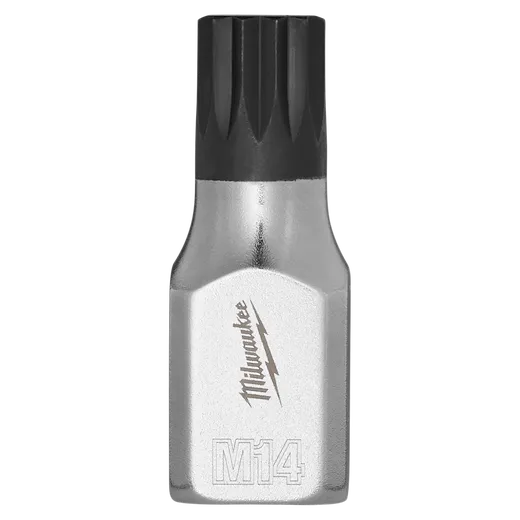 The 3/8" Drive 14mm Triple Square Bit Socket features a metallic silver body with a black, ribbed tip. The socket is labeled "M14" and has a brand logo engraved on its surface.