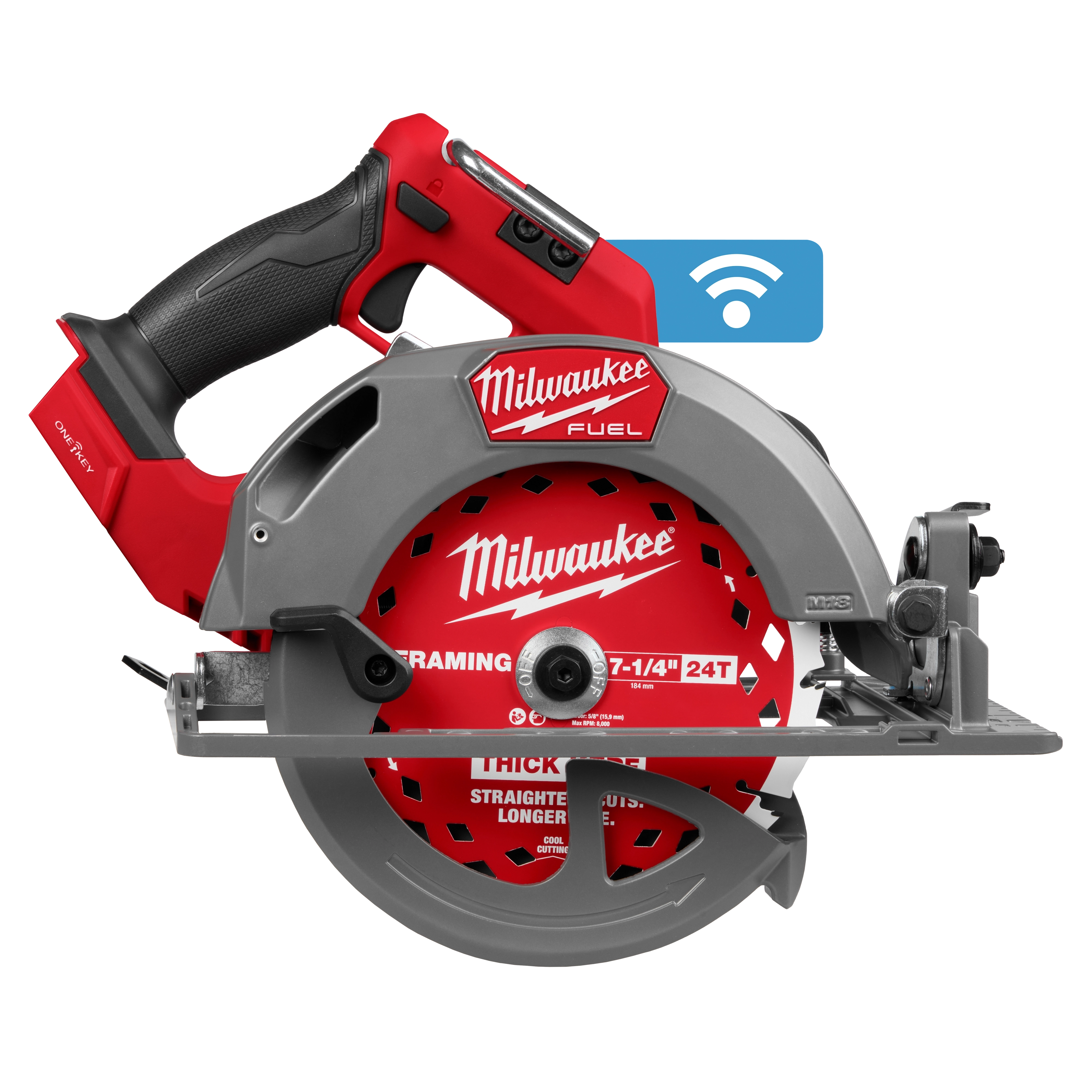 An M18 FUEL™ 7-1/4" Circular Saw with ONE-KEY™ is shown. The saw has a robust build with a red and black color scheme, featuring a durable design for heavy-duty cutting tasks.