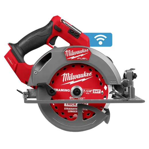 An M18 FUEL™ 7-1/4" Circular Saw with ONE-KEY™ is shown. The saw has a robust build with a red and black color scheme, featuring a durable design for heavy-duty cutting tasks.