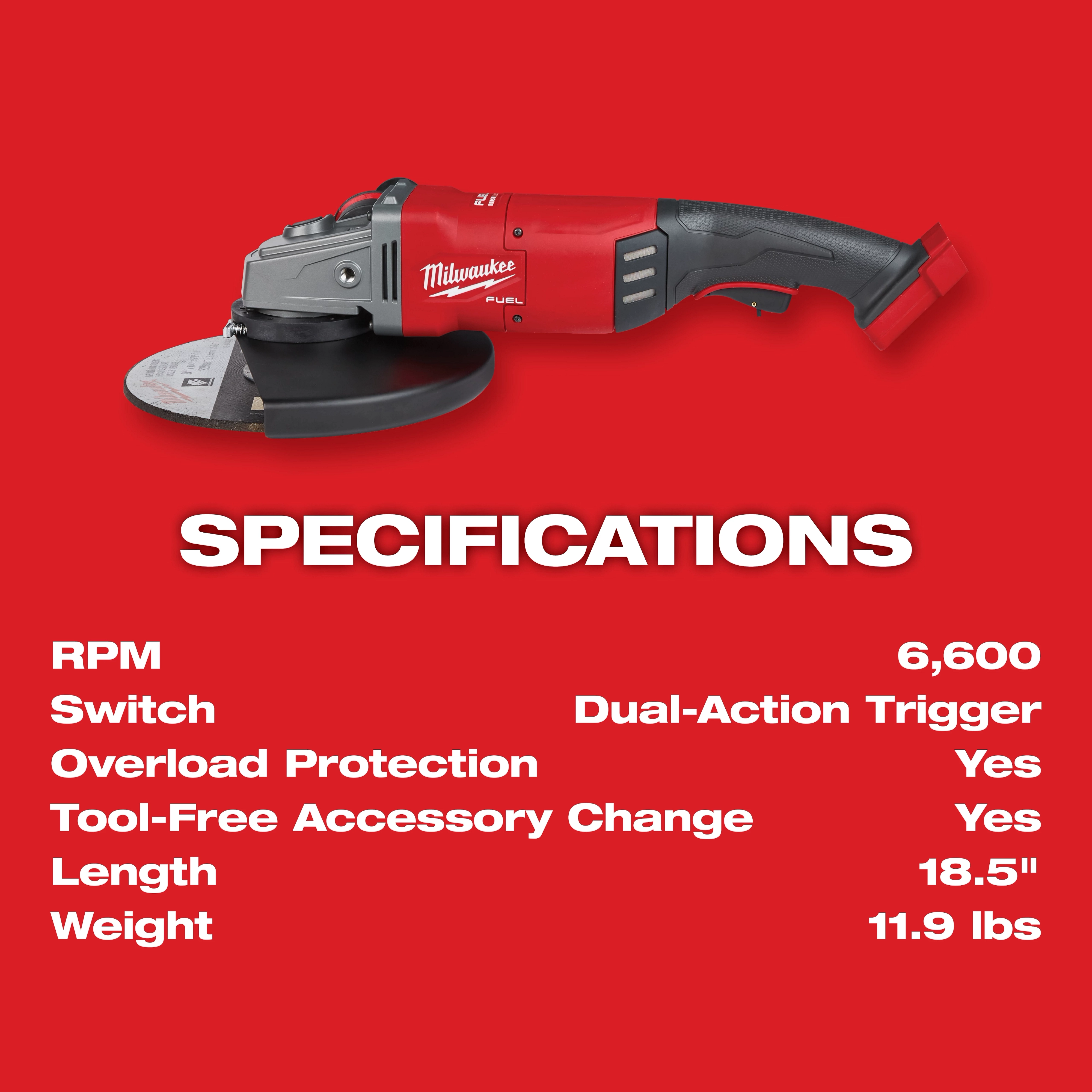 M18 FUEL 7'-9" Large Angle Grinder Specifications