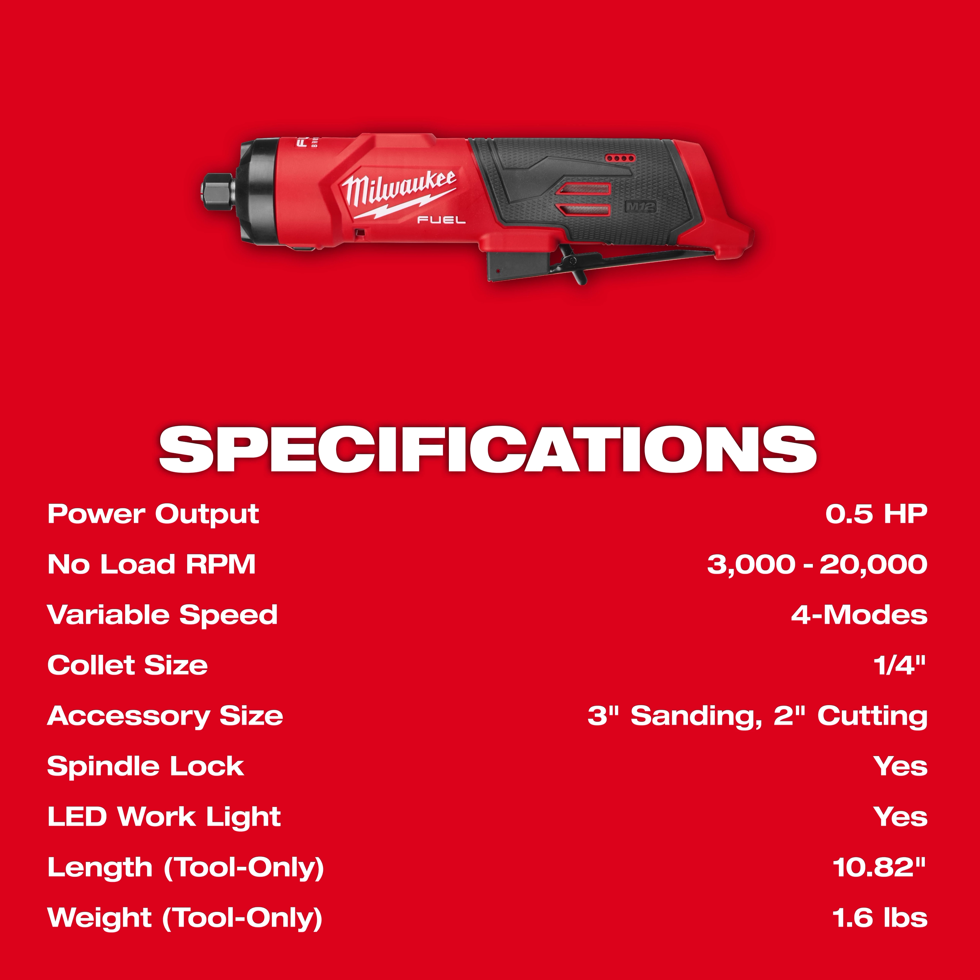 M12 FUEL 1/4" Straight Die Grinder displayed above a list of tool specifications on a solid background.