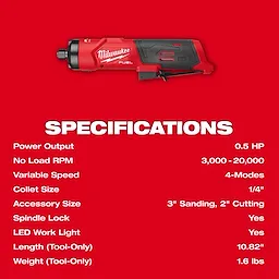 M12 FUEL 1/4" Straight Die Grinder displayed above a list of tool specifications on a solid background.