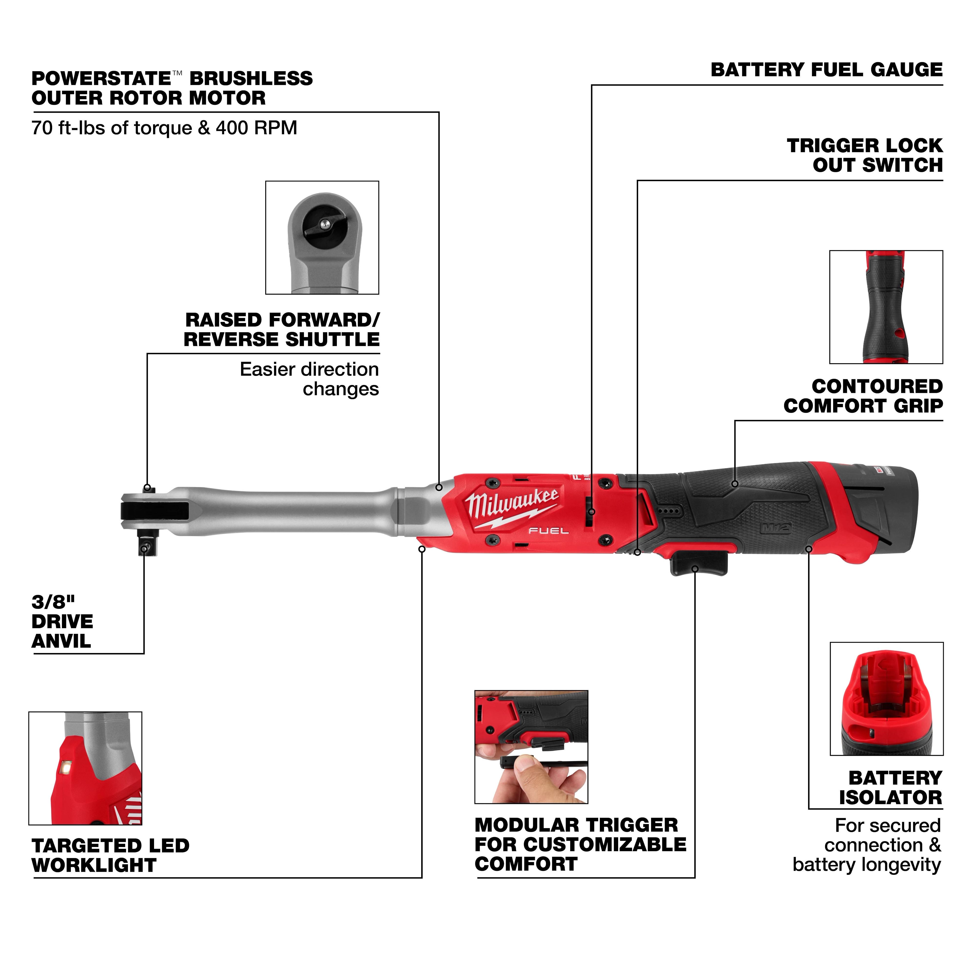 M12 FUEL 3/8" Extended Reach Ratchet with labeled features and close-up detail callouts.