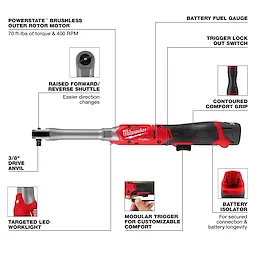 M12 FUEL 3/8" Extended Reach Ratchet with labeled features and close-up detail callouts.