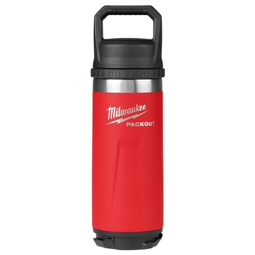 Red 18oz insulated PACKOUT bottle with chug lid, featuring a black handle and the Milwaukee logo.