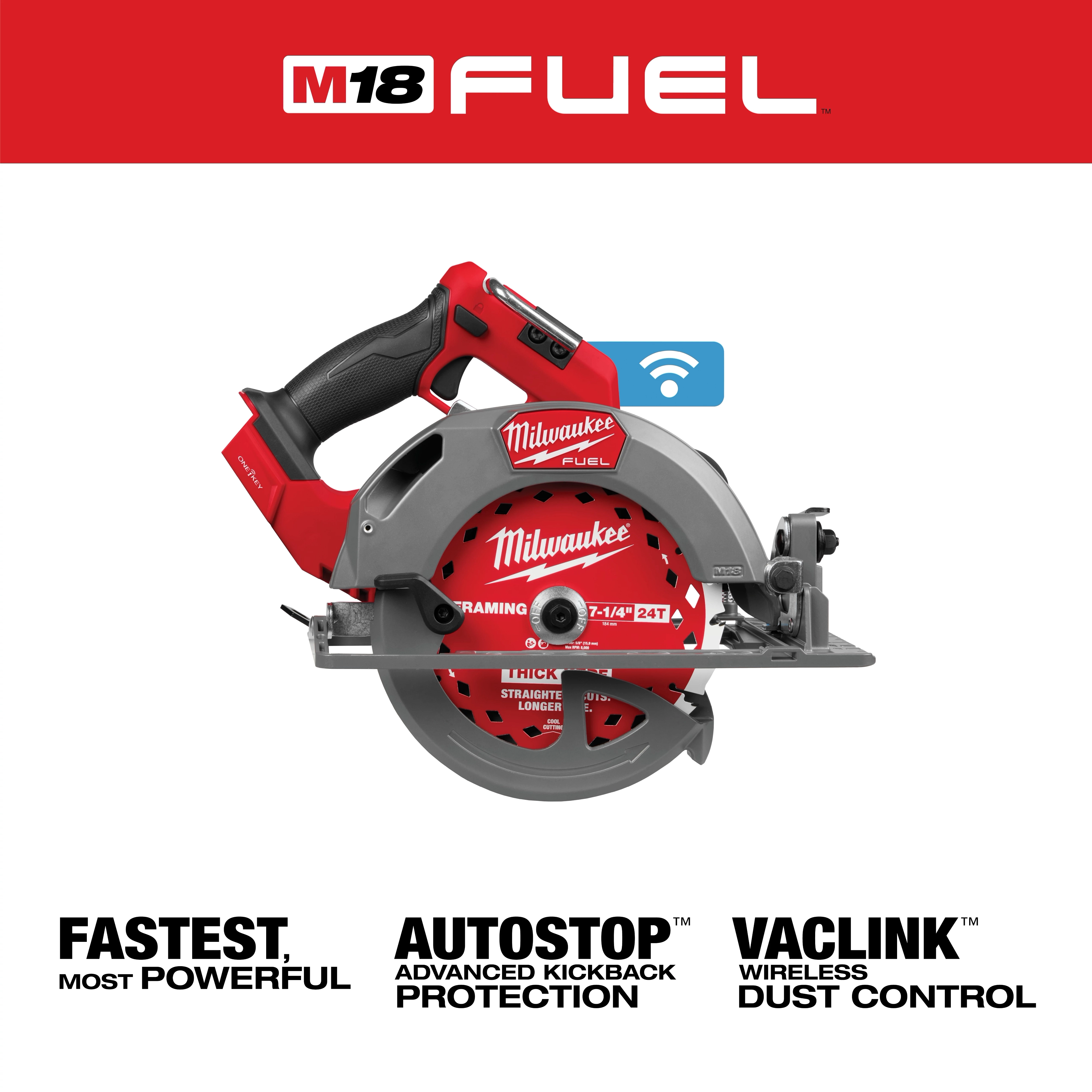 Milwaukee M18 FUEL™ 7-1/4" Circular Saw w/ ONE-KEY™ in red and gray. Features include AUTOSTOP™ and VACLINK™ for powerful performance, advanced kickback protection, and wireless dust control.