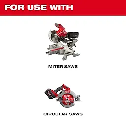 The 7-1/4” 24T NITRUS™ Carbide Framing & Demolition Circular Saw Blade is compatible with miter saws and circular saws, as showcased with images of both types of saws beneath the red text “FOR USE WITH.”