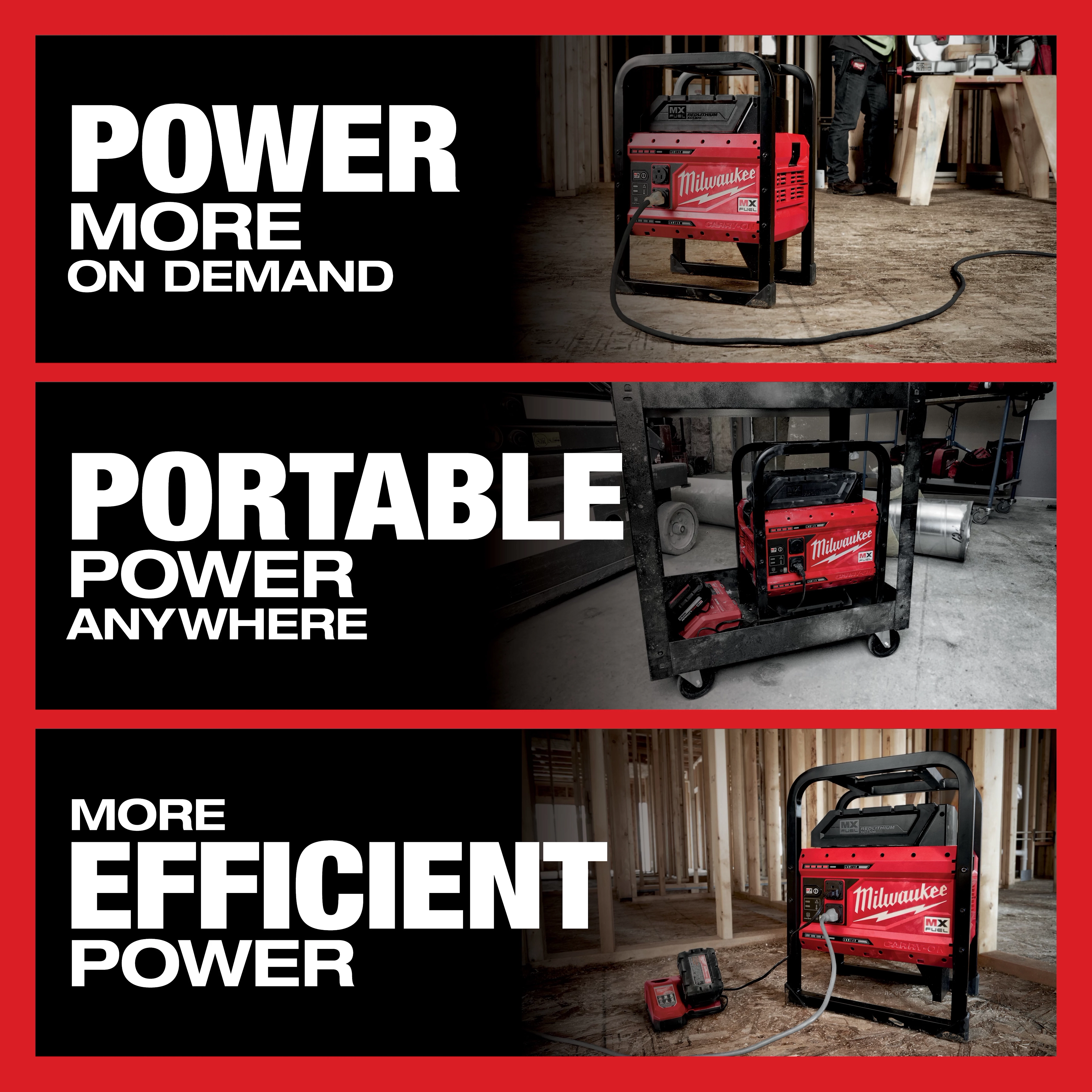 MX FUEL CARRY-ON 3600W/1800W Power Supply Kit placed in three different work environments showcasing its portability and efficiency.