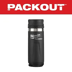 Milwaukee Packout 18oz Insulated Bottle with Sip Lid, black and silver, against a white background with "Packout" in red above.