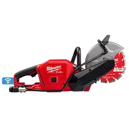 The M18 FUEL™ 9" Cut-Off Saw w/ ONE-KEY™ by Milwaukee is a red, battery-powered portable saw. It features a large cutting blade, ergonomic handle, and a ONE-KEY™ integration for tracking and managing the tool via a mobile app.