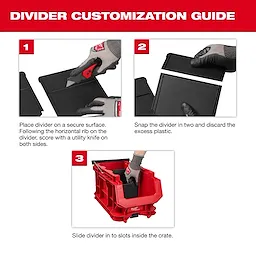 Gloved hands customize a divider and insert it into a red PACKOUT Compact Crate.