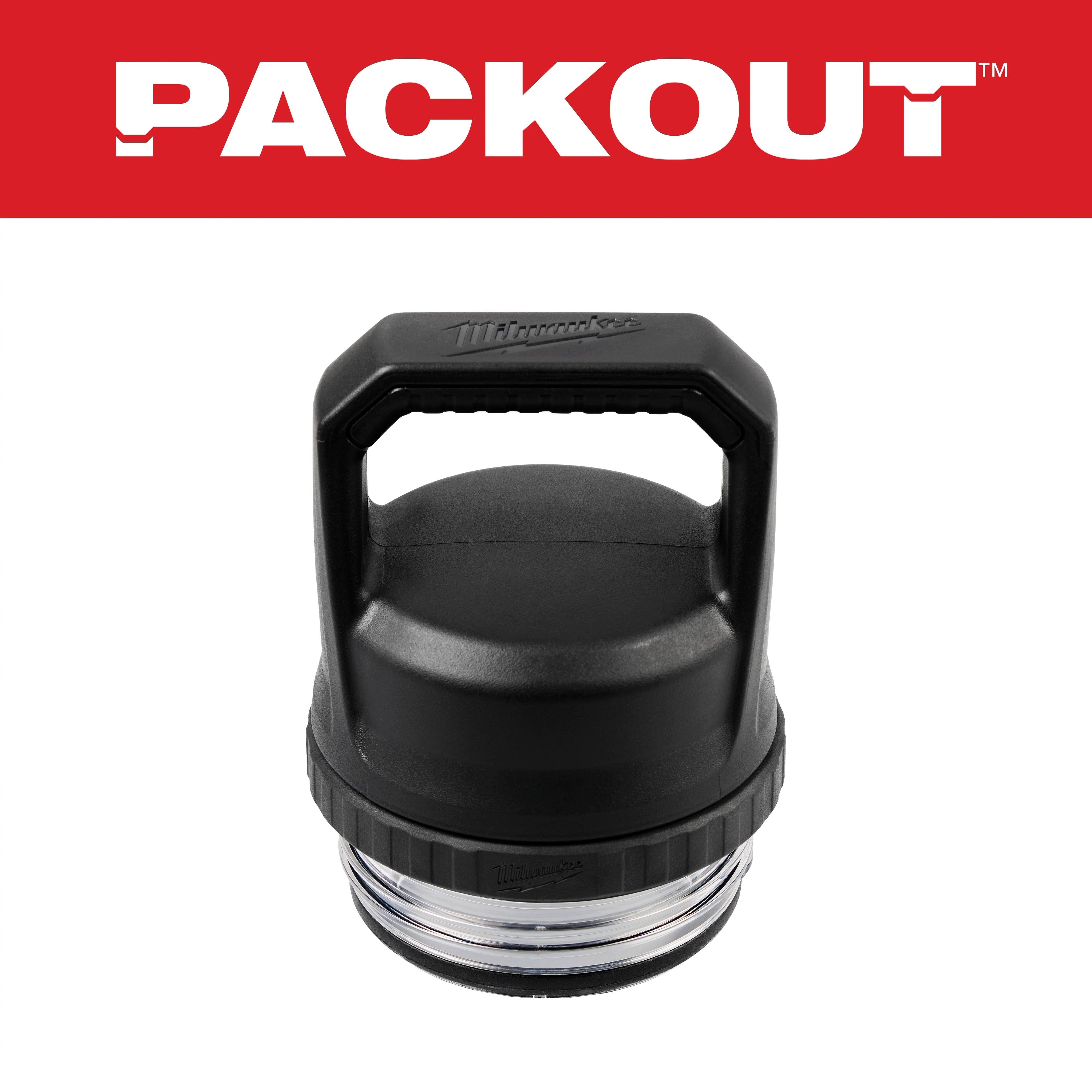 The image depicts a Milwaukee Packout black and gray power tool battery charger with a handle, against a white background with a red banner.