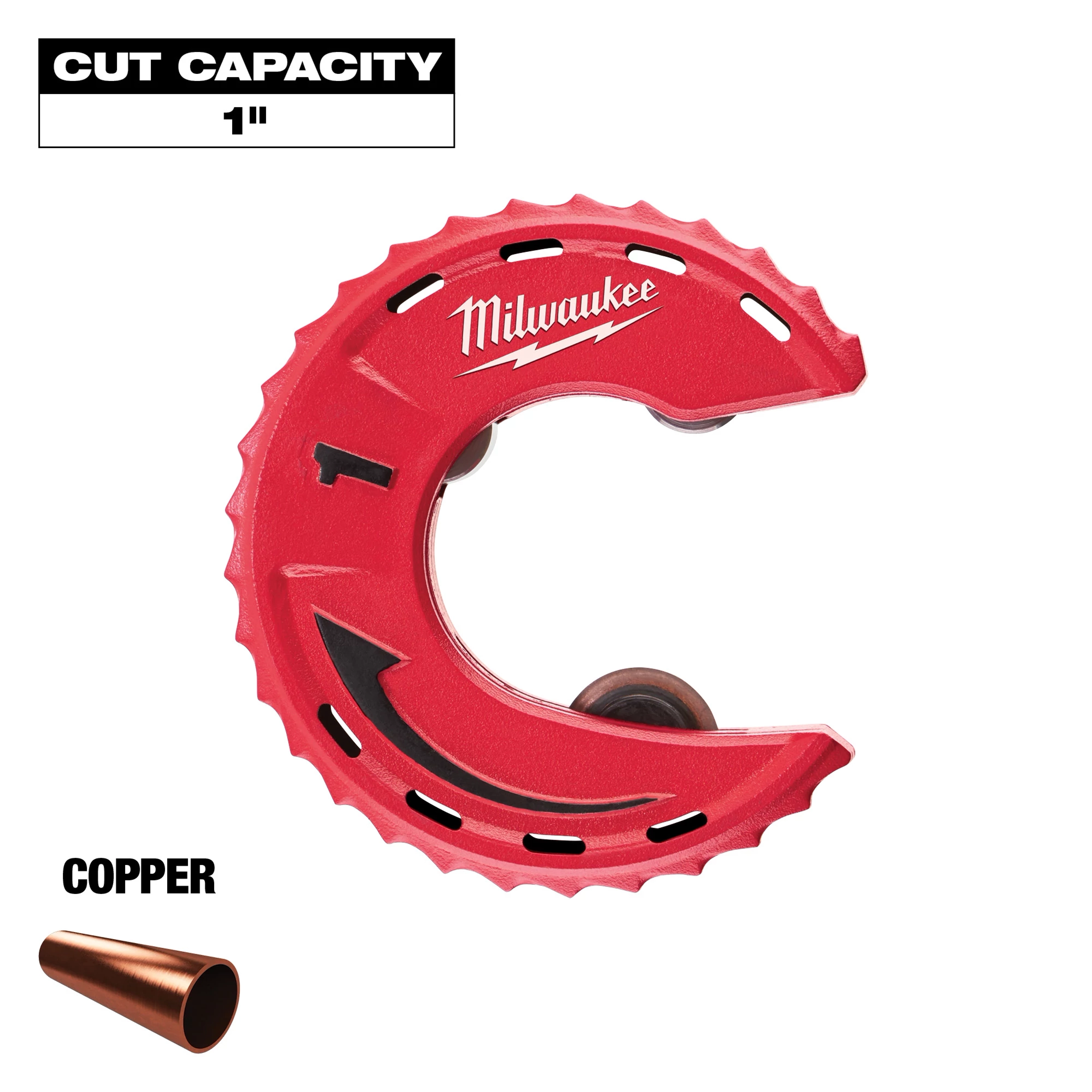 Milwaukee Copper Tubing Cutter with a cut capacity of 1 inch, featuring a red, circular, jagged-edged design and a visible copper tube for cutting demonstration.