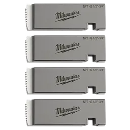 Four Milwaukee 1/2"-3/4" High Speed NPT Universal Pipe Threading Dies arranged vertically, featuring the brand logo and specifications.