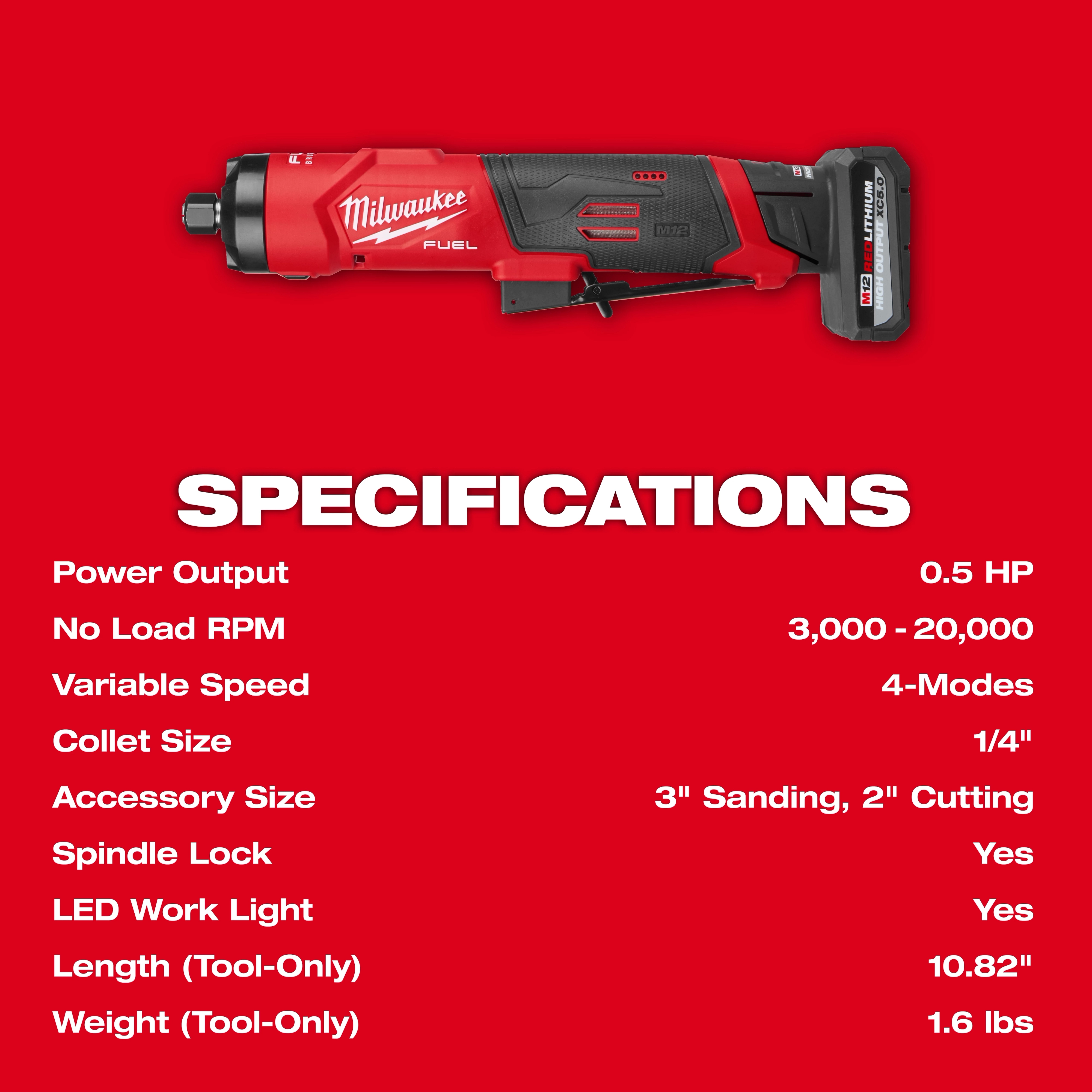 M12 FUEL 1/4" Straight Die Grinder displayed horizontally above its listed specifications on a red background.
