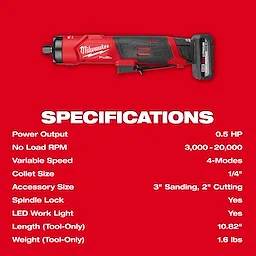 M12 FUEL 1/4" Straight Die Grinder displayed horizontally above its listed specifications on a red background.