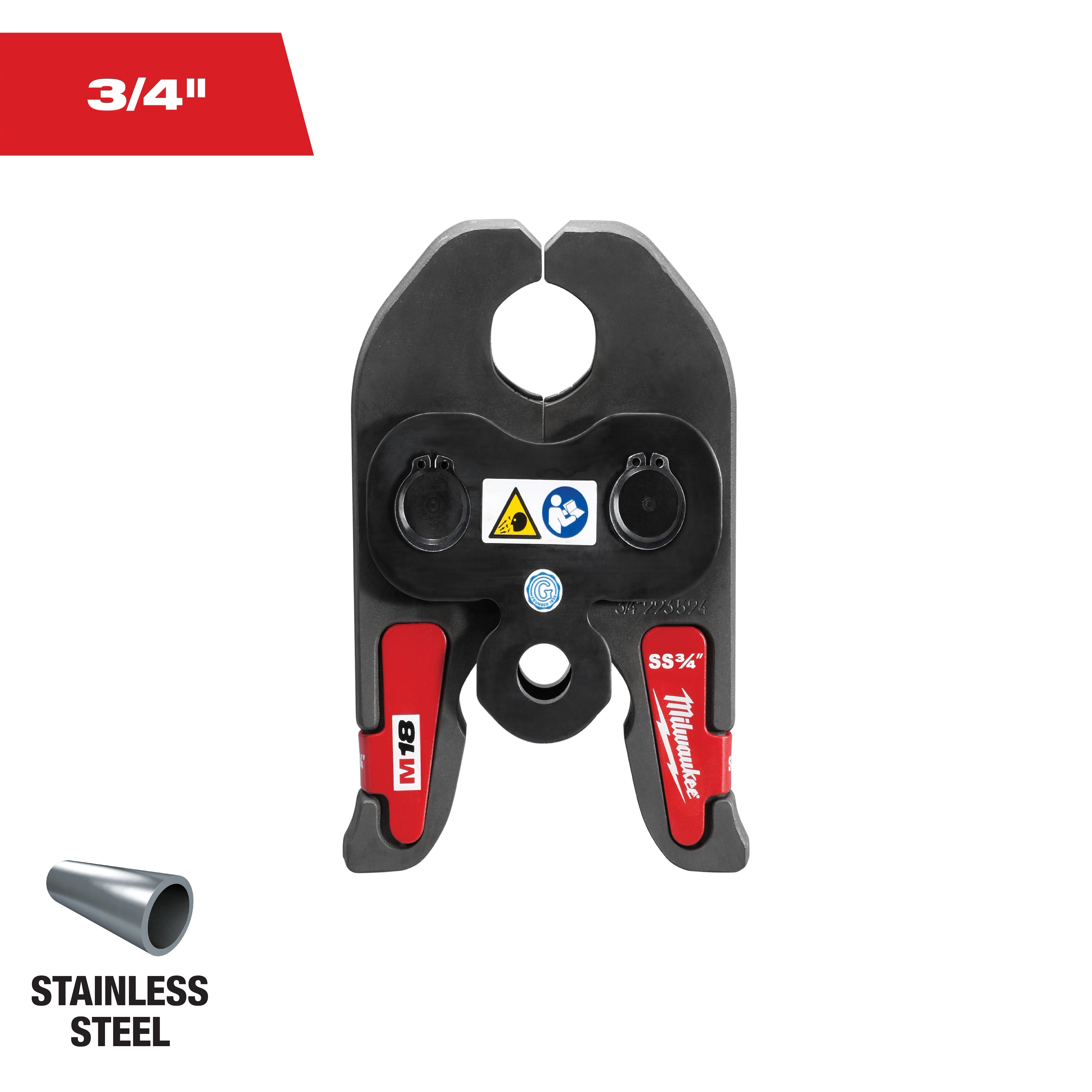 The image shows a 3/4" stainless steel Milwaukee M18 pipe cutter head attachment. It features red accents and warning labels. There is also an icon of a stainless steel pipe and the text "STAINLESS STEEL" on the lower left side.