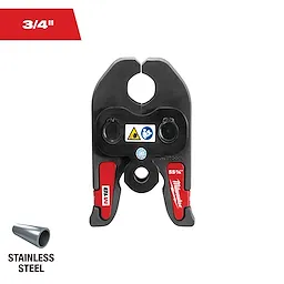 The image shows a 3/4" stainless steel Milwaukee M18 pipe cutter head attachment. It features red accents and warning labels. There is also an icon of a stainless steel pipe and the text "STAINLESS STEEL" on the lower left side.