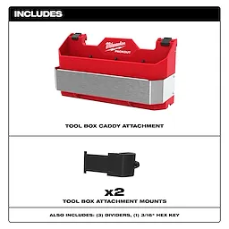 The image shows Milwaukee Packout Tool Box Caddy Attachment and two Tool Box Attachment Mounts. Additional contents include three dividers and one 3/16" hex key. A black header labeled "INCLUDES" is at the top of the image.