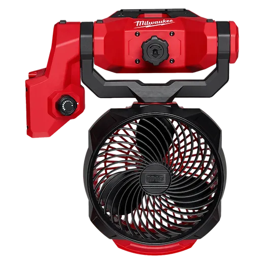 M18 Brushless Scissor Lift Fan with adjustable airflow direction, featuring a circular fan and control knob.