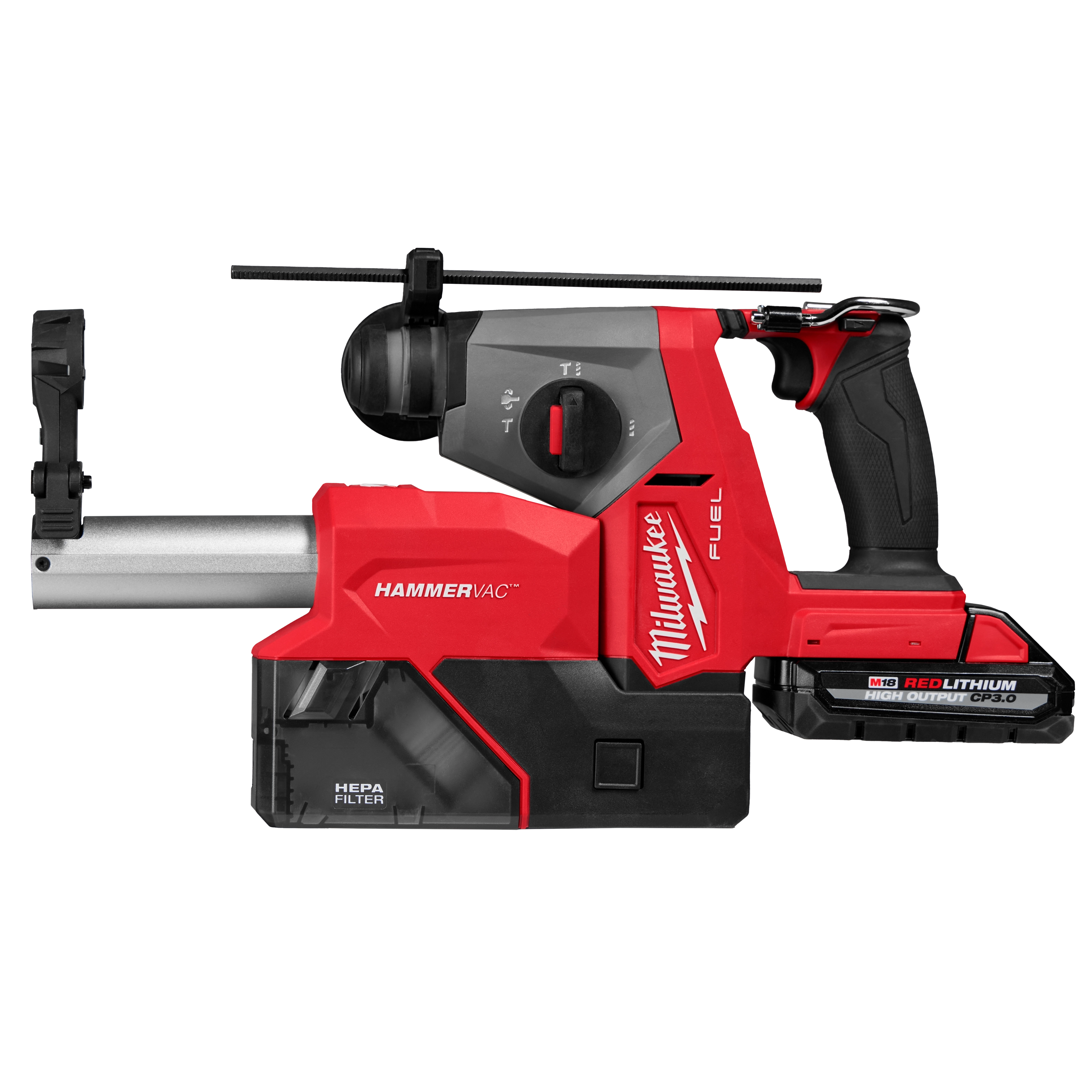 Milwaukee M18 FUEL 5/8" SDS Plus Rotary Hammer with Dust Extractor Kit. Red and black tool with HEPA filter and grip handle.