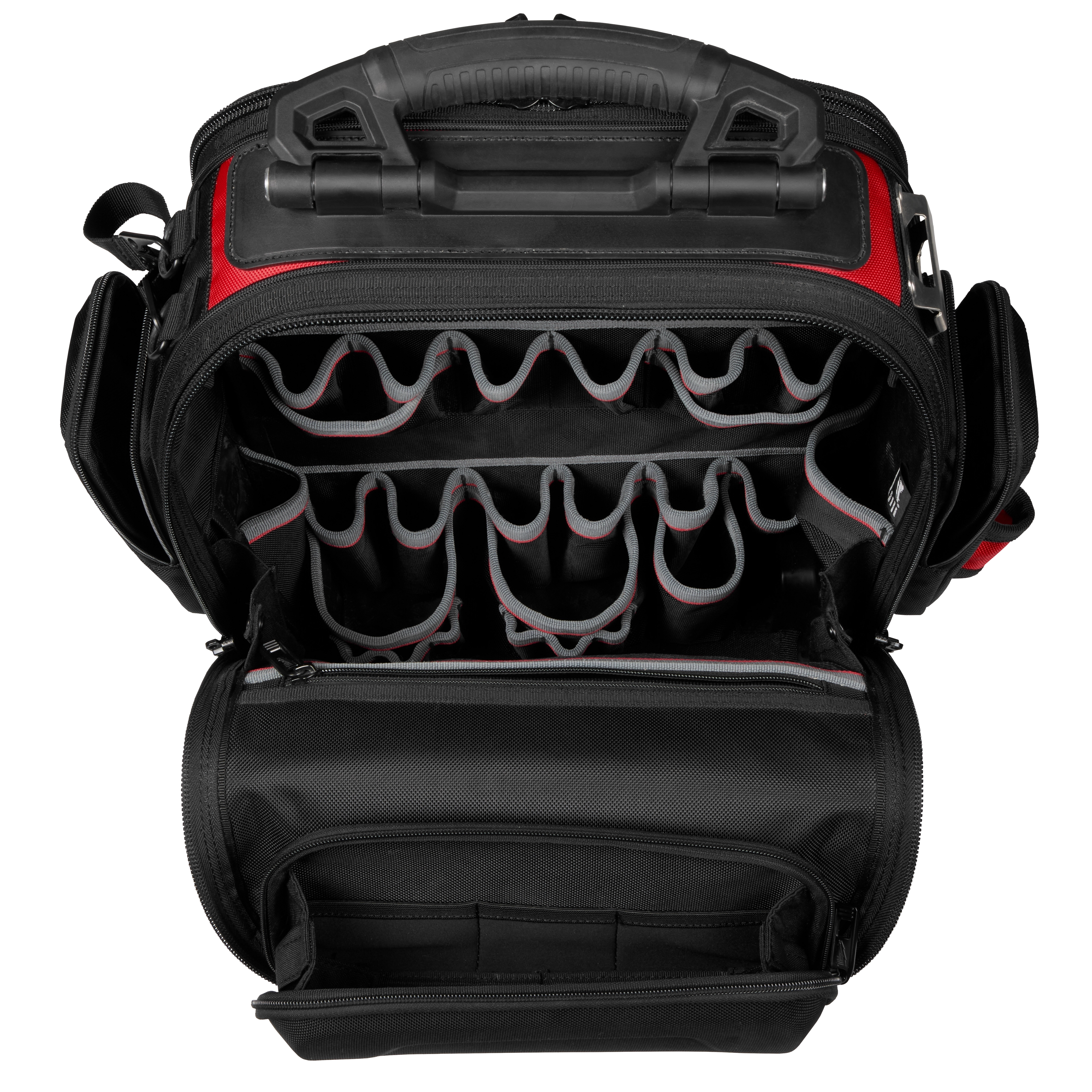 Interior view of the PACKOUT Structured Backpack showcasing multiple organized tool compartments and pockets, with a reinforced handle above.