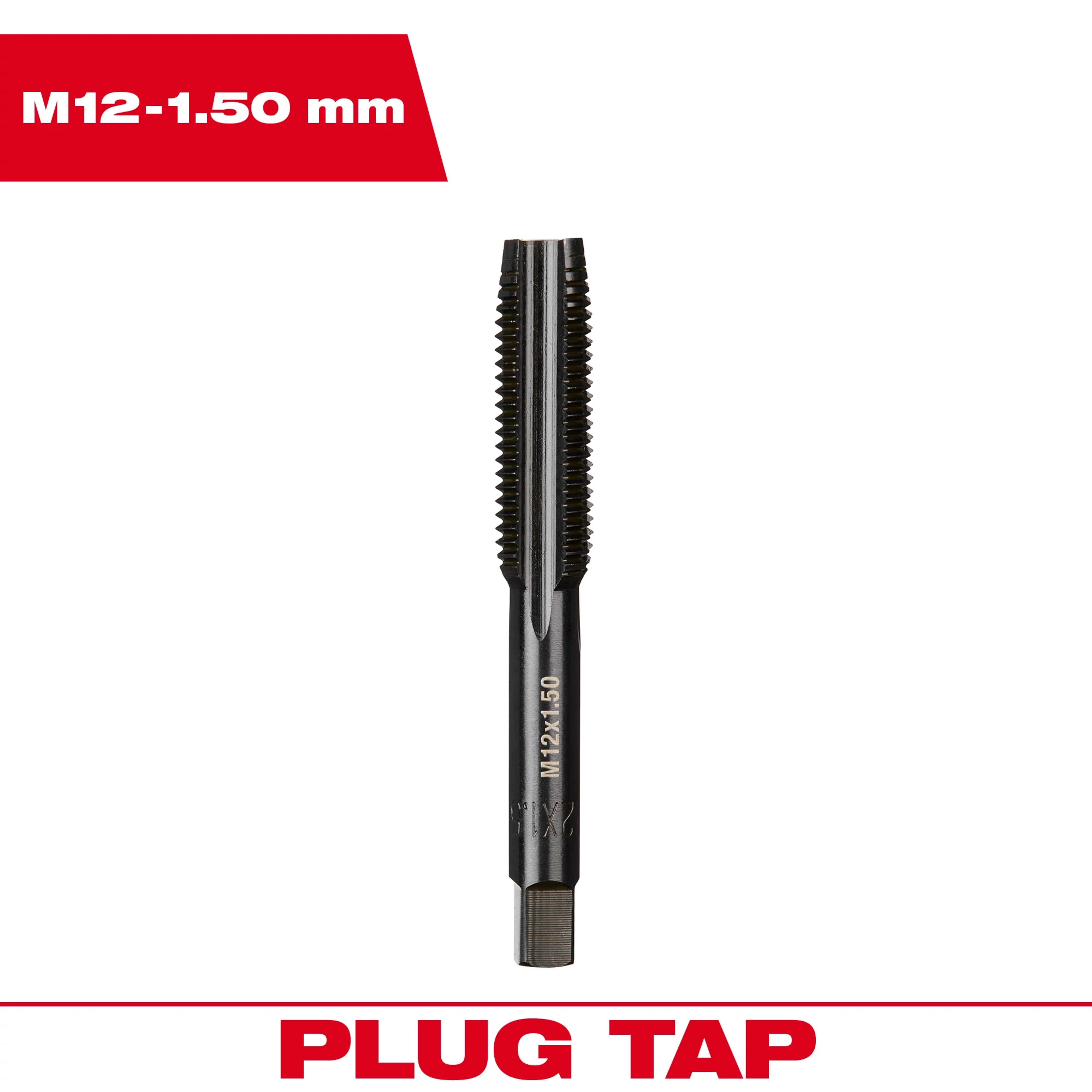 M12-1.50 mm Straight Flute Plug Tap with straight grooves, pictured vertically with product name text at the top and bottom.