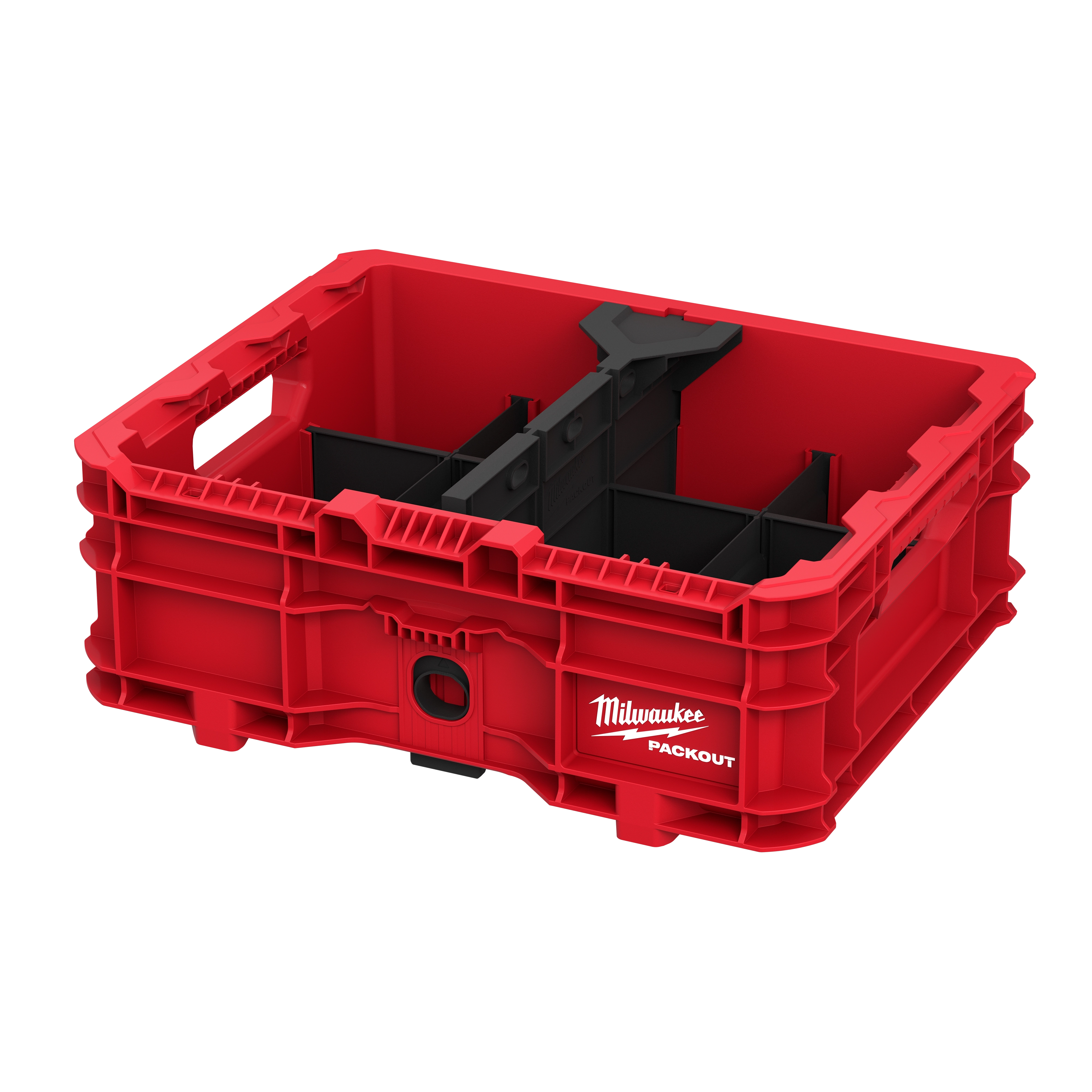 The PACKOUT Low-Profile Crate by Milwaukee is a red, heavy-duty storage container with versatile dividers and a durable construction. It features integrated handles for easy transport and connectivity with other PACKOUT storage solutions. The crate provides ample, organized space for tools and accessories.