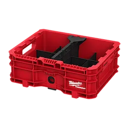 The PACKOUT Low-Profile Crate by Milwaukee is a red, heavy-duty storage container with versatile dividers and a durable construction. It features integrated handles for easy transport and connectivity with other PACKOUT storage solutions. The crate provides ample, organized space for tools and accessories.