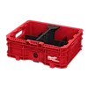 The PACKOUT Low-Profile Crate by Milwaukee is a red, heavy-duty storage container with versatile dividers and a durable construction. It features integrated handles for easy transport and connectivity with other PACKOUT storage solutions. The crate provides ample, organized space for tools and accessories.