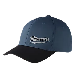 WORKSKIN Performance Fitted Hat in blue with a black brim and featuring the Milwaukee logo in white on the front panel.