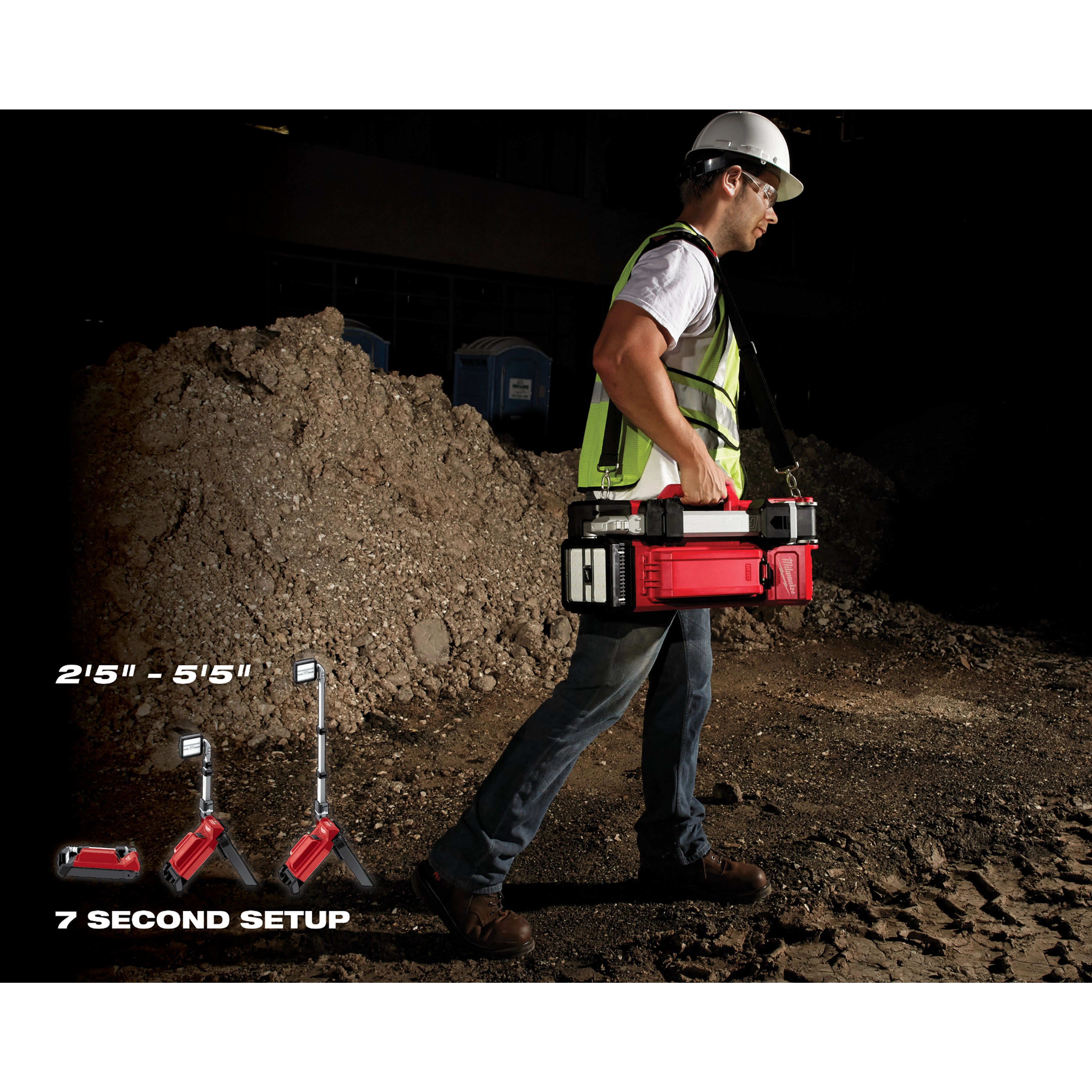 Construction worker carrying the M18 ROCKET Dual Pack Tower Light with ONE-KEY on a rugged construction site. Setup time: 7 seconds.