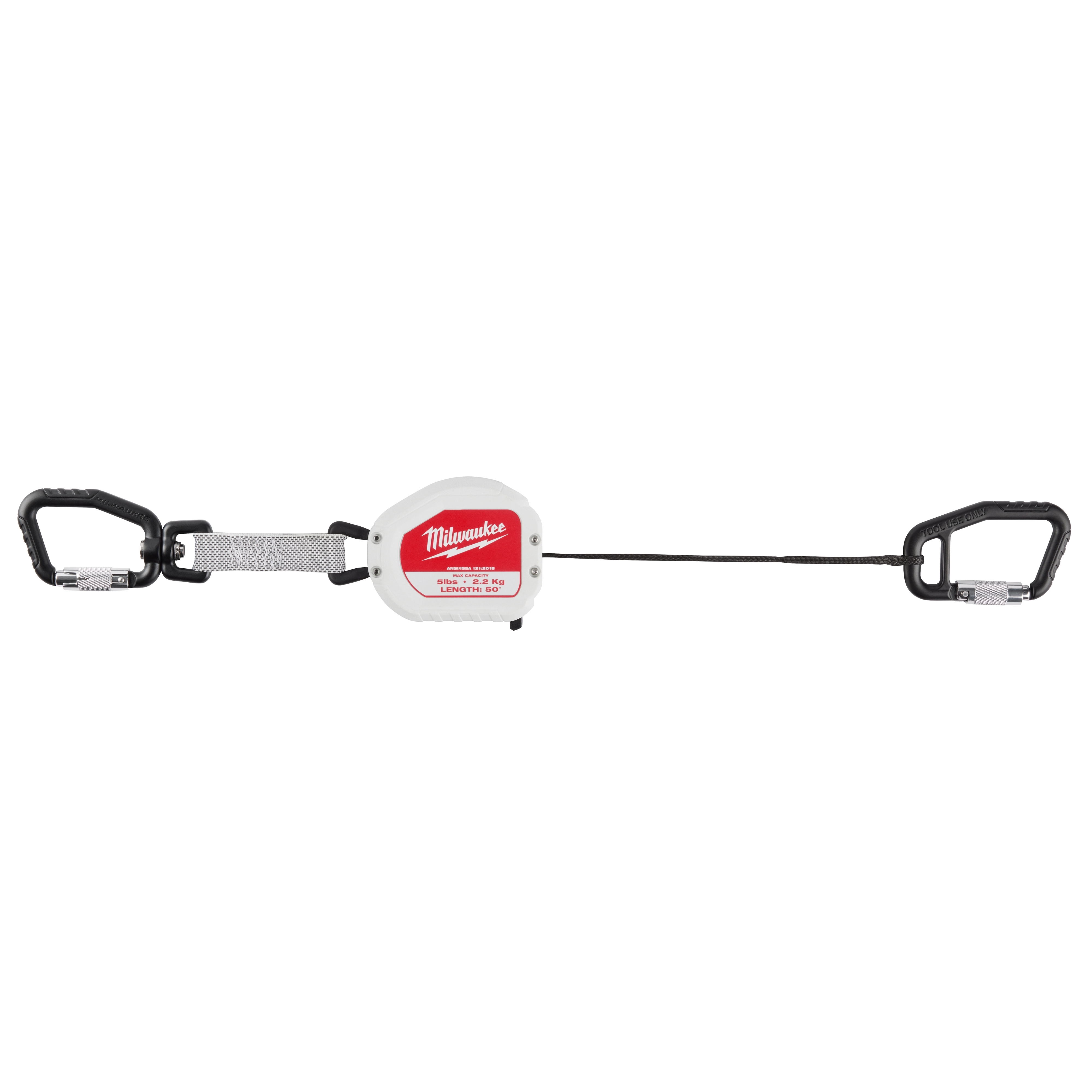 The 5LB Quick-Connect Retractable Tool Lanyard features a white casing with a red label, and black carabiner clips on both ends. It is designed to secure tools up to five pounds and includes a retractable cord for easy use and storage.