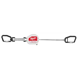 The 5LB Quick-Connect Retractable Tool Lanyard features a white casing with a red label, and black carabiner clips on both ends. It is designed to secure tools up to five pounds and includes a retractable cord for easy use and storage.