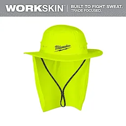WORKSKIN Sunshade Hat - Yellow, a bright yellow wide-brim hat with neck coverage and an adjustable chin strap, by Milwaukee.