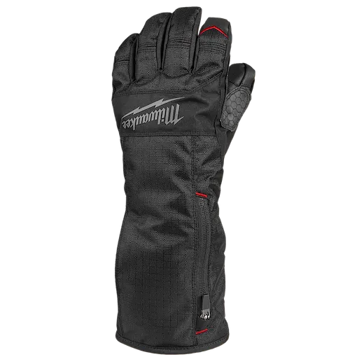 A black Milwaukee heated and insulated glove with a zipper and hexagonal pattern on the thumb.