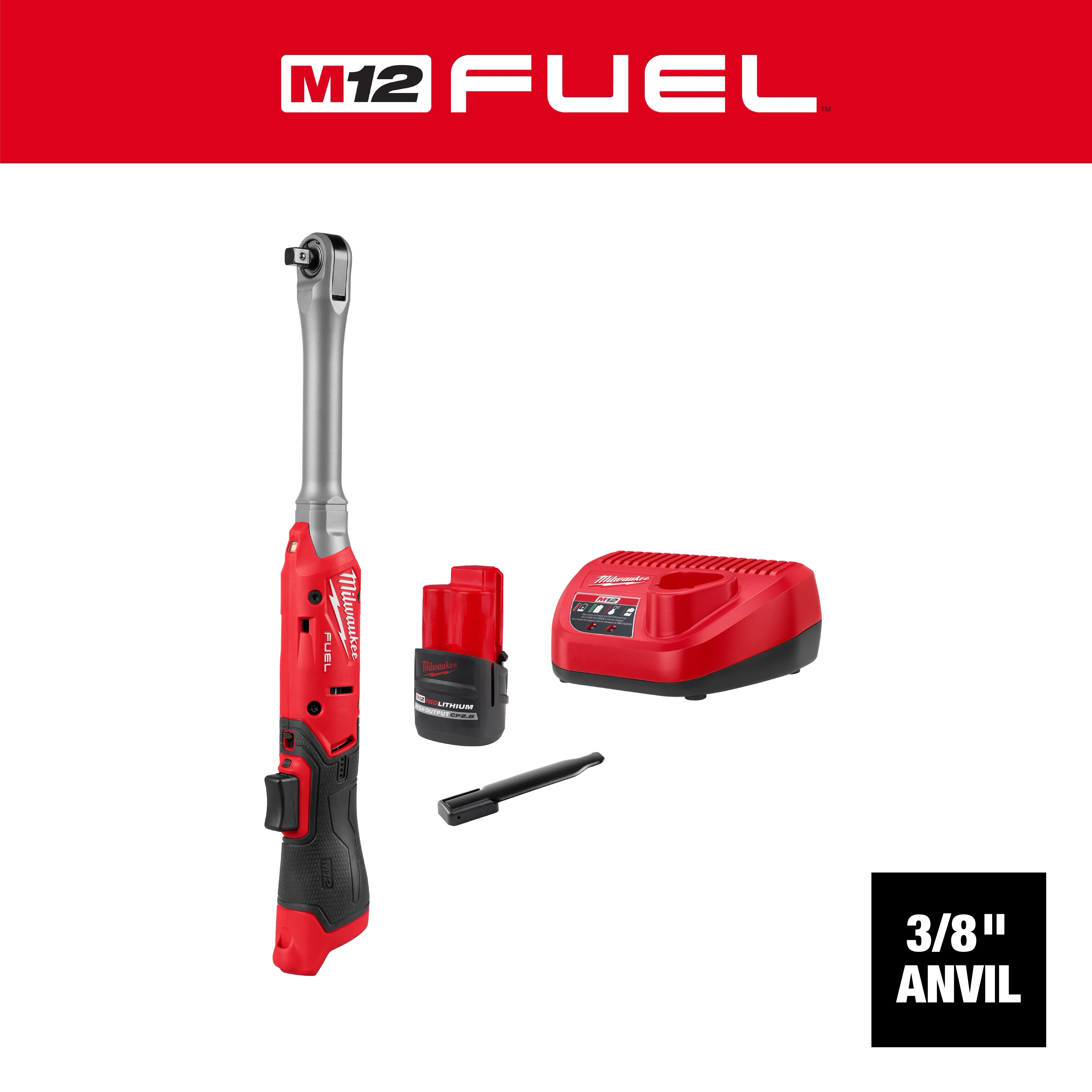 M12 FUEL 3/8" Extended Reach Ratchet with battery, charger, and accessory on a plain background.