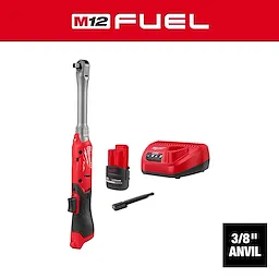 M12 FUEL 3/8" Extended Reach Ratchet with battery, charger, and accessory on a plain background.