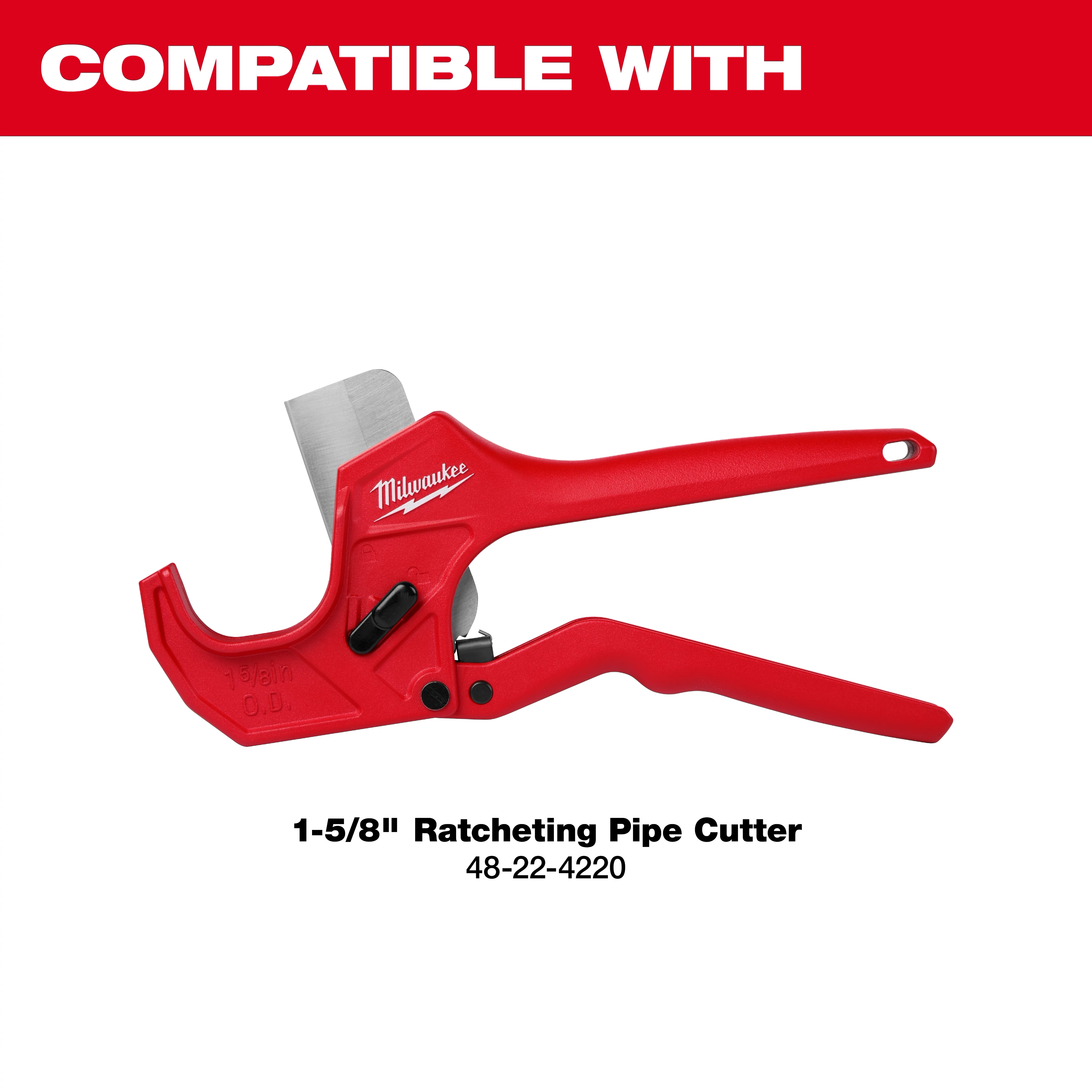 Red 1-5/8" ratcheting pipe cutter with a replacement blade, labeled compatible with model 48-22-4220.