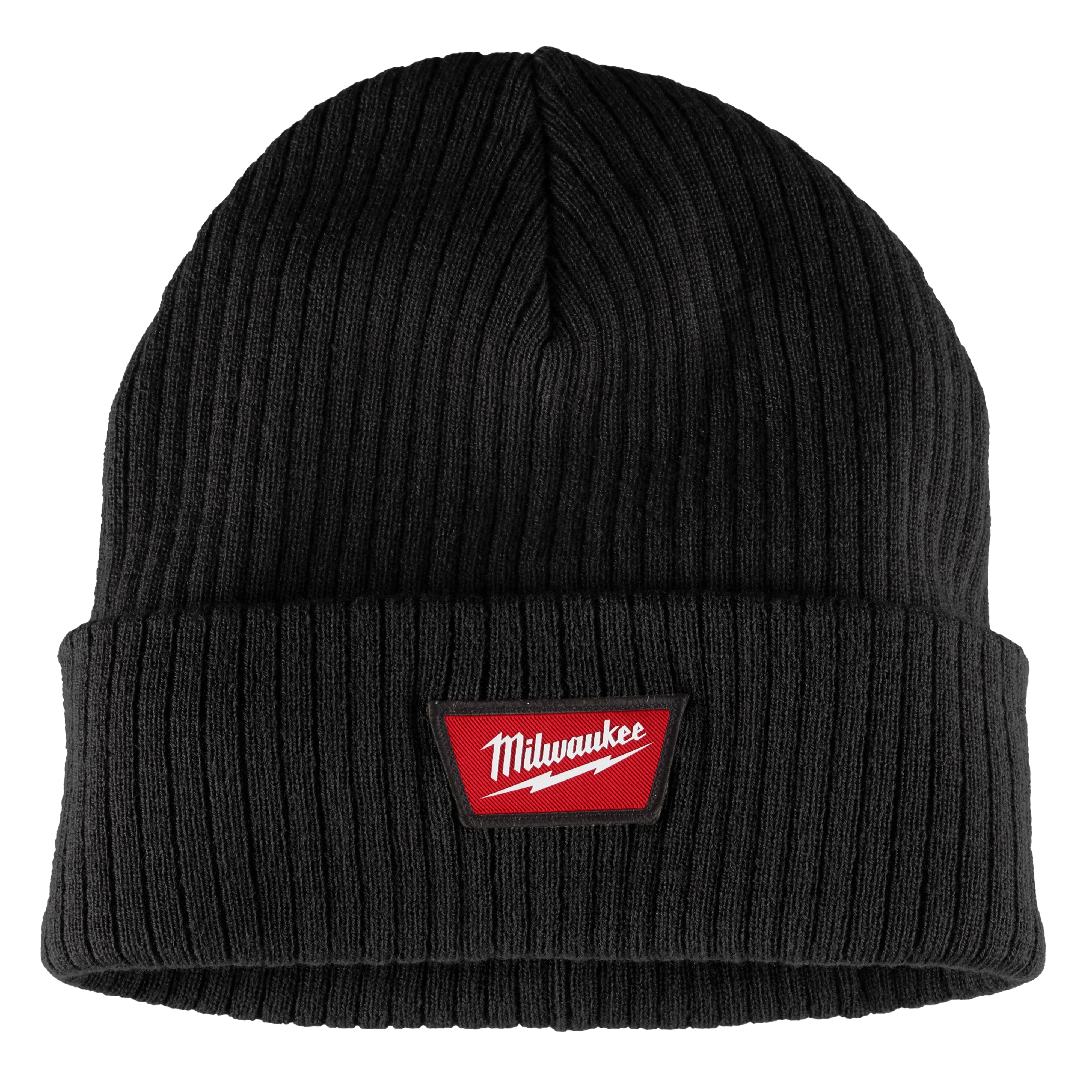 Rib-Knit Cuffed Beanie - Black featuring a red and white Milwaukee logo on the front cuff. Structured, warm and stylish.