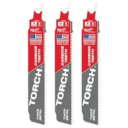 Three packs of 6-inch, 8 TPI TORCH™ with Carbide Teeth SAWZALL® Blades are shown. The blades are silver and red, with bold text indicating they are designed for thick metal cutting. Product highlights include American flag graphics and "Made in USA" branding.