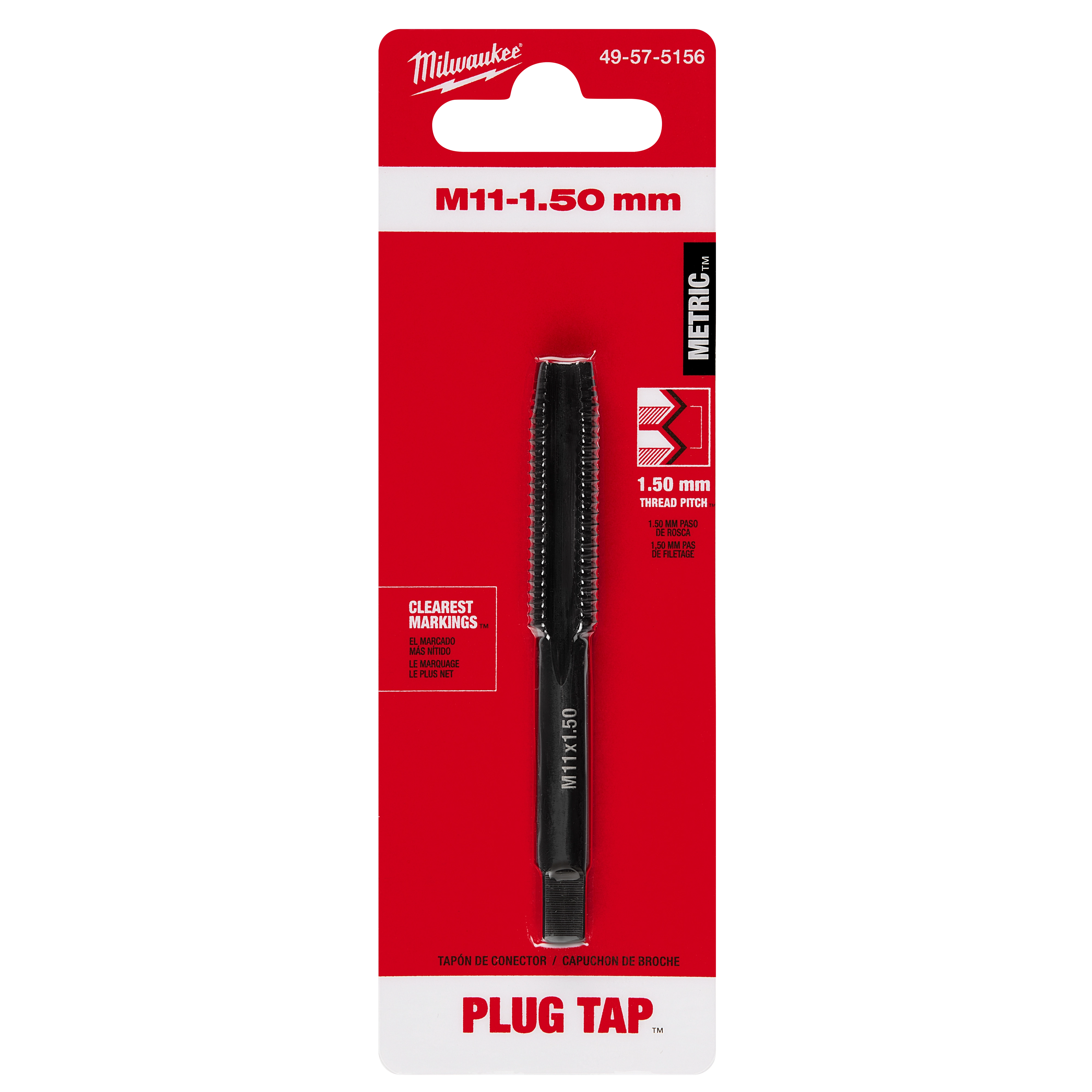 The M11-1.50 mm Straight Flute Plug Tap is displayed in its packaging. The package has a red background with product details visible.