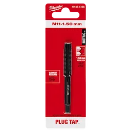 The M11-1.50 mm Straight Flute Plug Tap is displayed in its packaging. The package has a red background with product details visible.