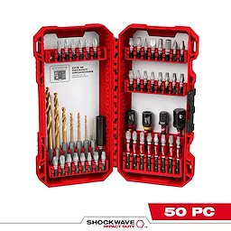 Open red case displaying the SHOCKWAVE™ Impact Duty Drill & Drive Set – 50PC. The set includes various drill bits, driver bits, and accessories neatly organized. The SHOCKWAVE™ logo and "50 PC" are visible on the bottom of the image.